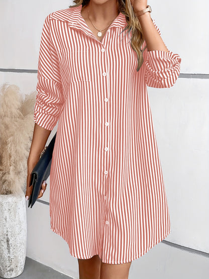 Striped Button Up Long Sleeve Mini Shirt Dress