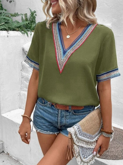 Full Size V-Neck Short Sleeve Blouse