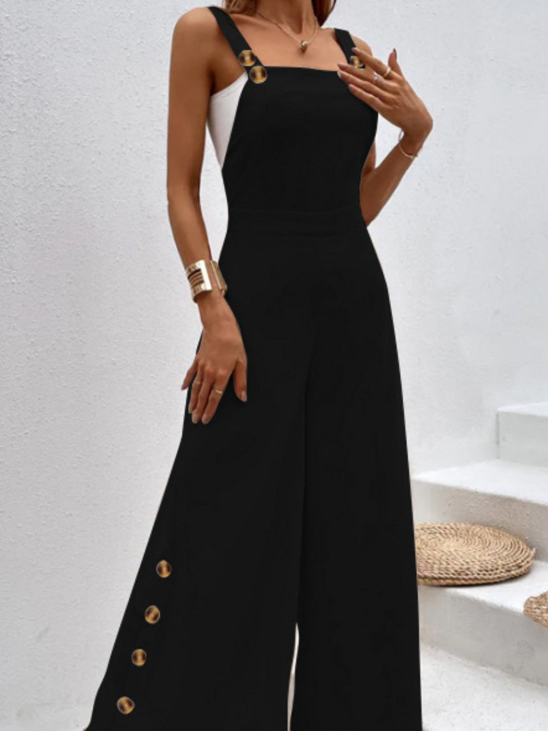 Side Decor Button Wide Leg Overalls