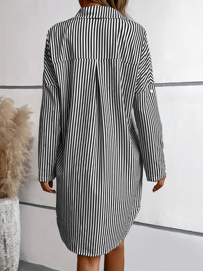 Striped Button Up Long Sleeve Mini Shirt Dress