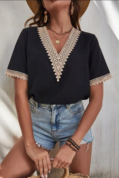 Full Size Lace Detail V-Neck Short Sleeve Blouse