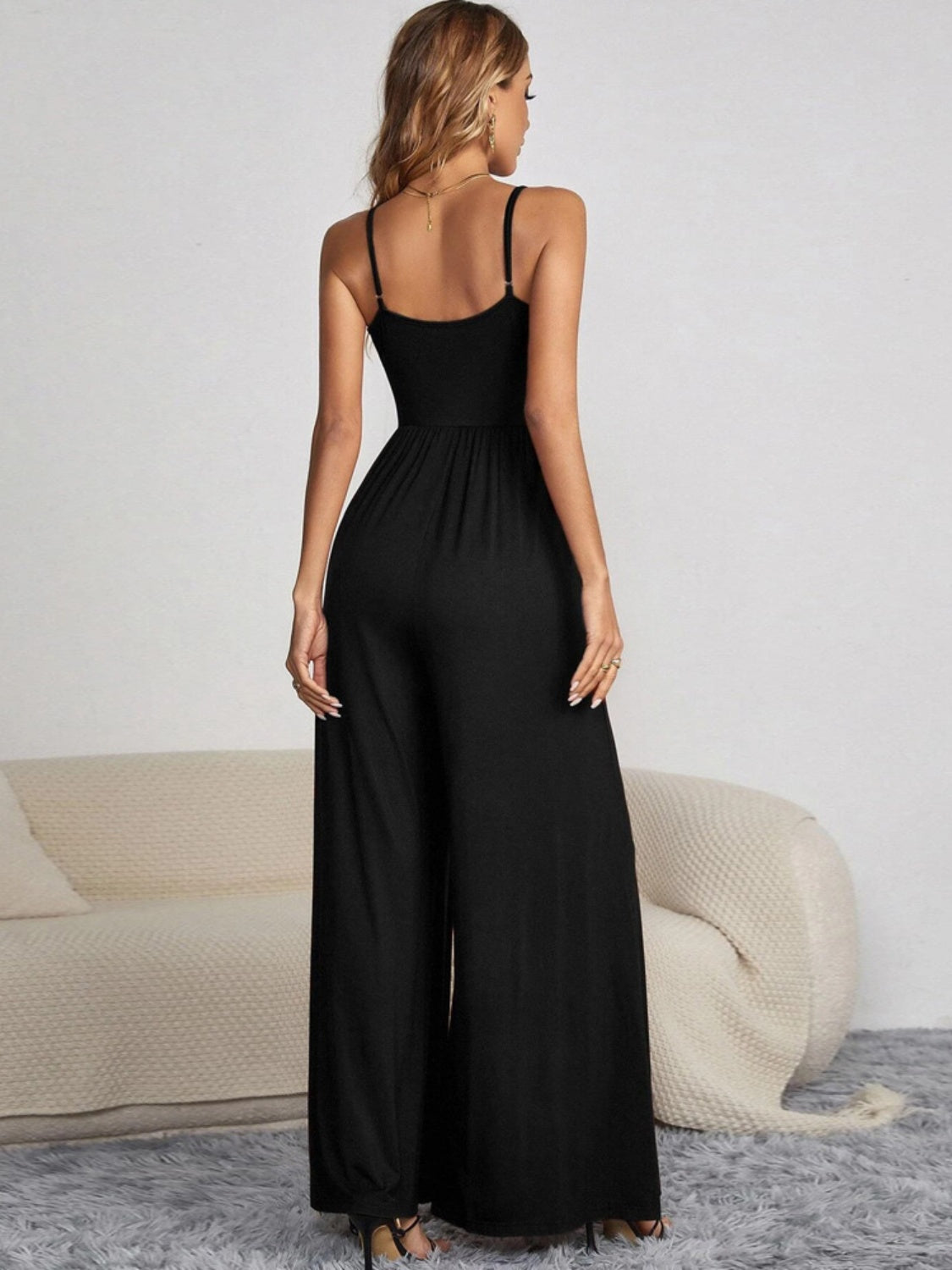 Decorative Button Spaghetti Strap Wide Leg Jumpsuit