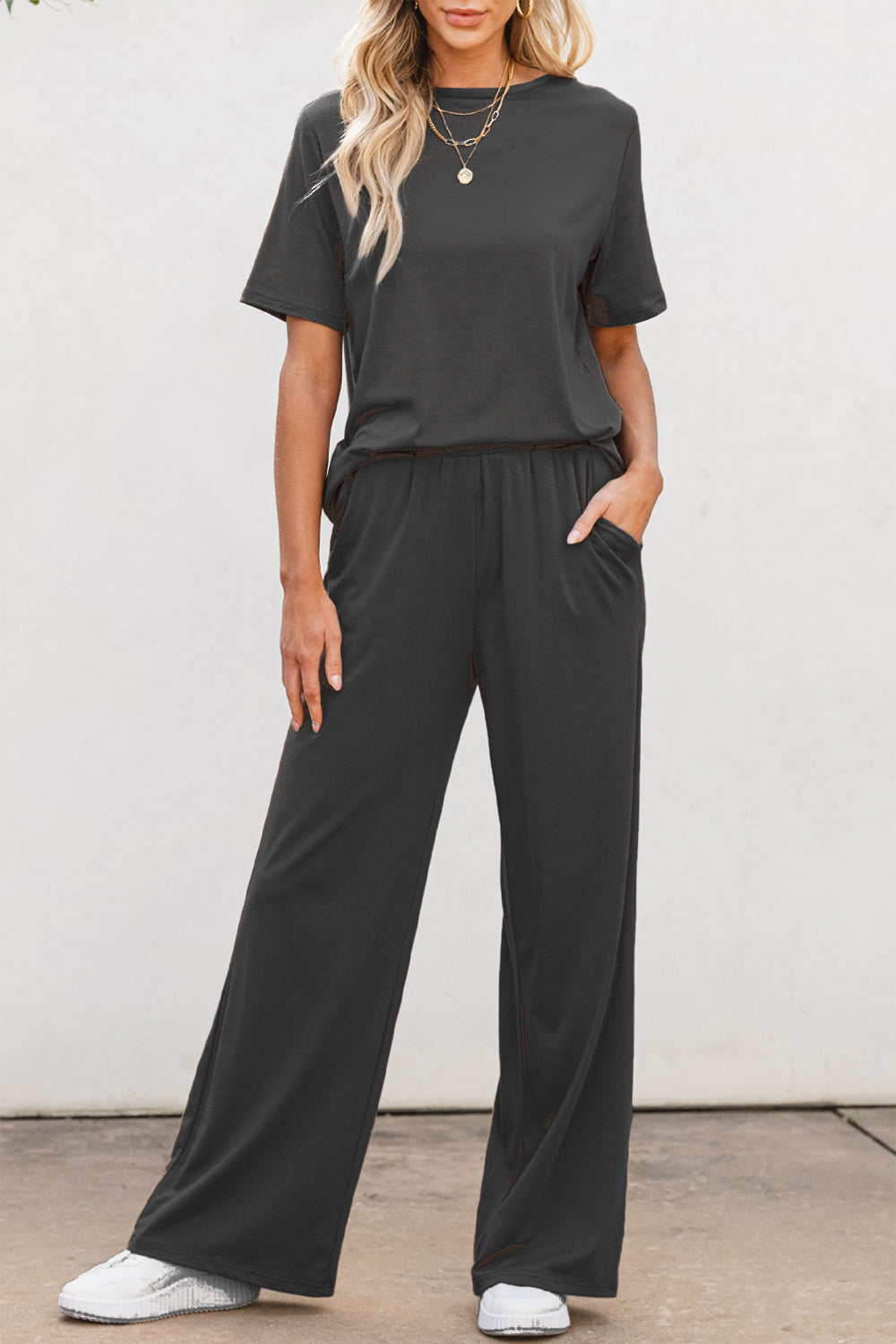 Round Neck Short Sleeve Top and Pants Set