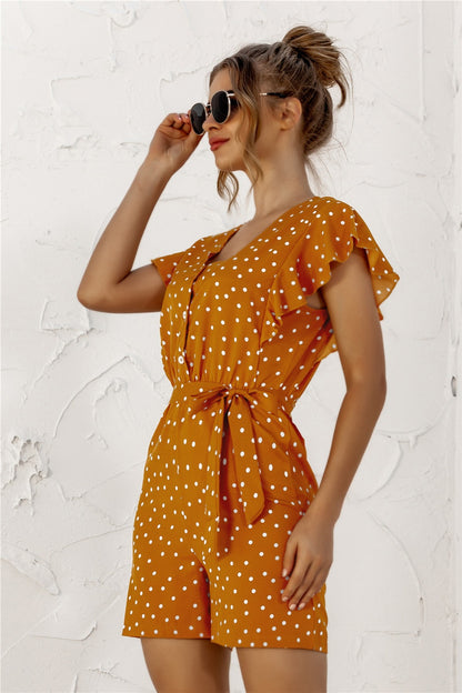 Ruffled Polka Dot Half Button Romper