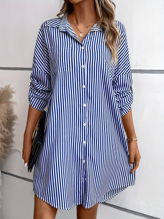 Striped Button Up Long Sleeve Mini Shirt Dress