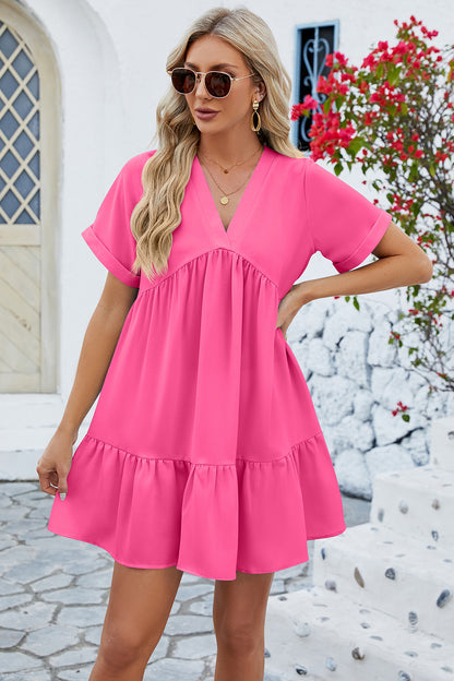 Ruched Tiered V-Neck Short Sleeve Mini Dress