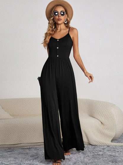 Decorative Button Spaghetti Strap Wide Leg Jumpsuit