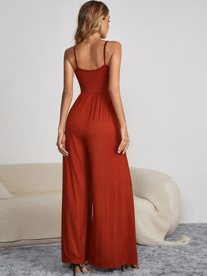 Decorative Button Spaghetti Strap Wide Leg Jumpsuit