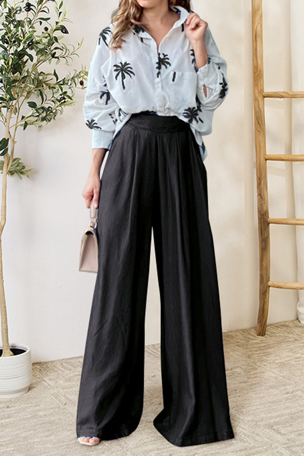 Pocketed Dropped Shoulder Shirt and Wide Leg Pants Set