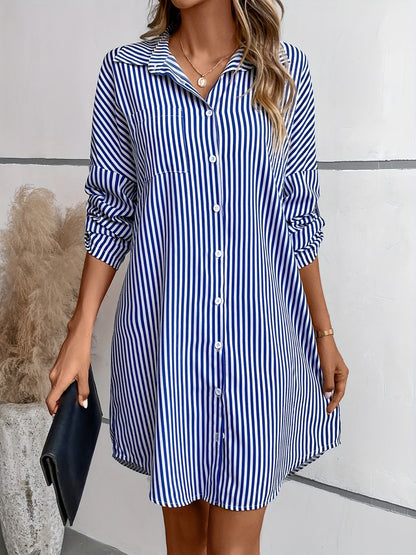 Striped Button Up Long Sleeve Mini Shirt Dress